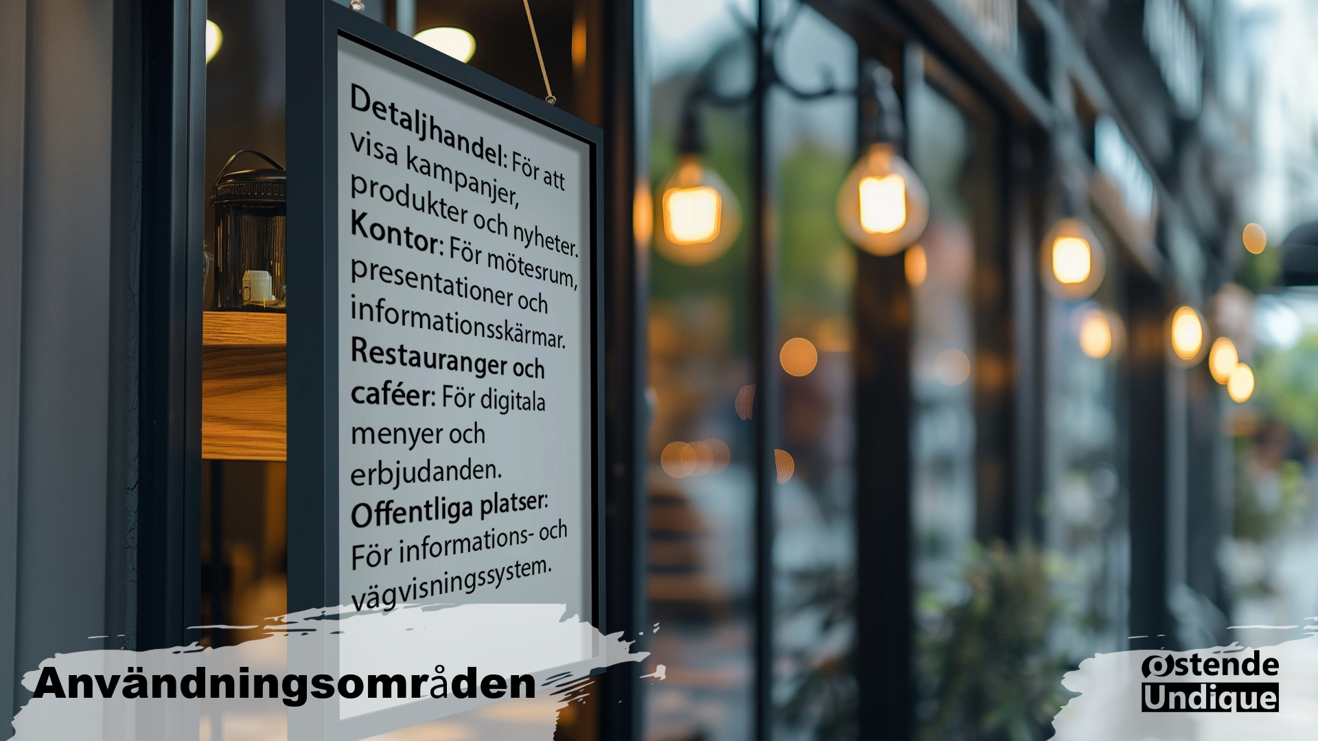 Digital skylt som visar olika användningsområden