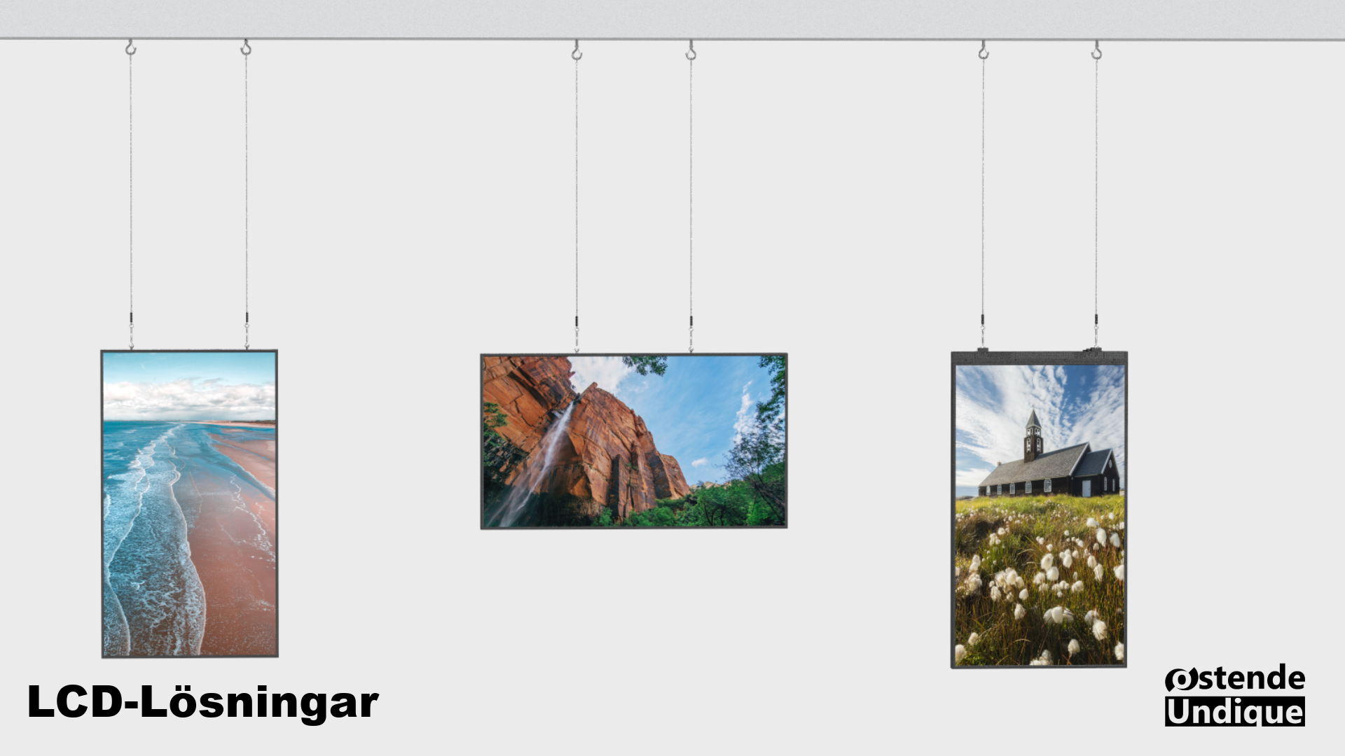 Flera hängande LCD-skärmar med olika naturbilder